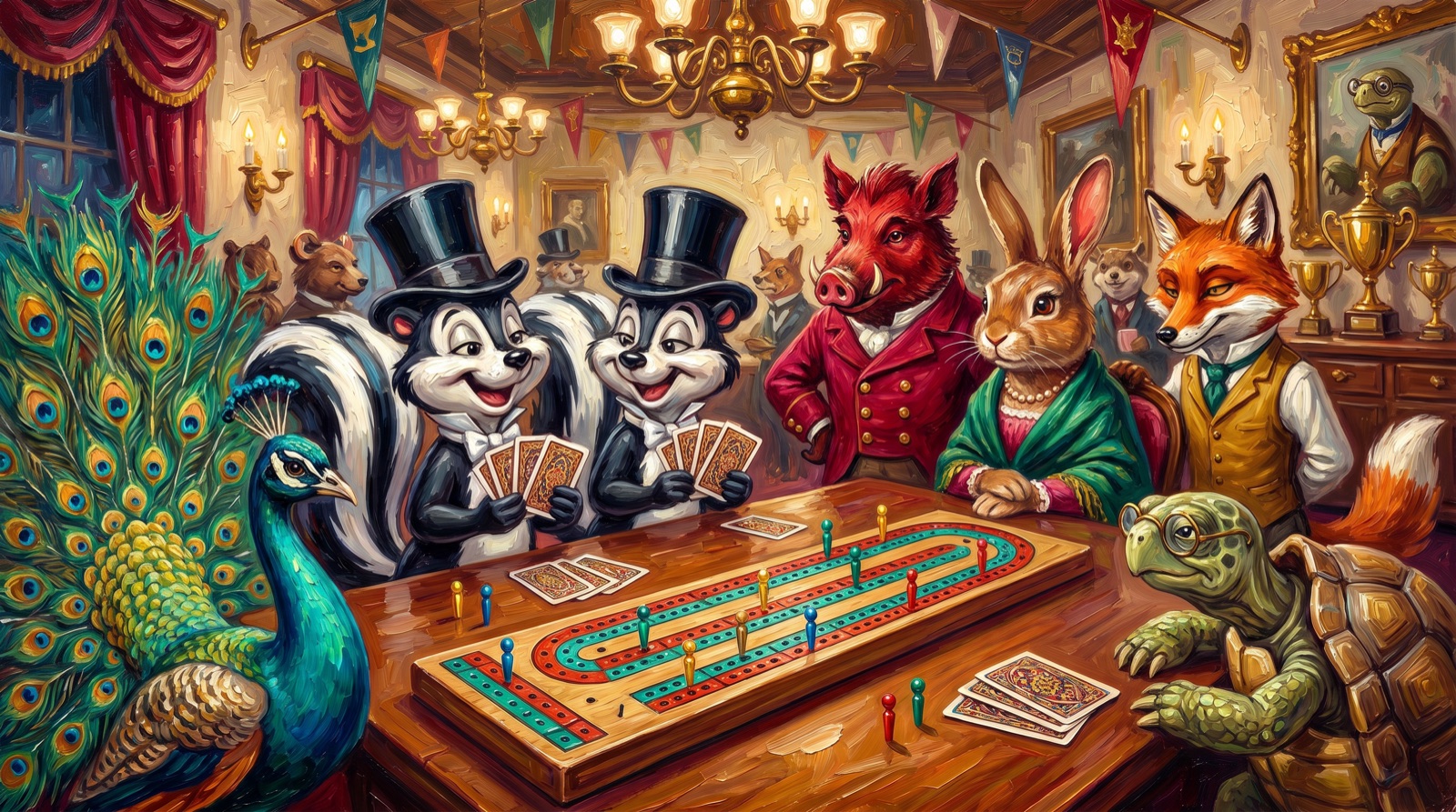 Double Skunk key art — a Victorian parlor of animal gamblers gathered around a cribbage board.