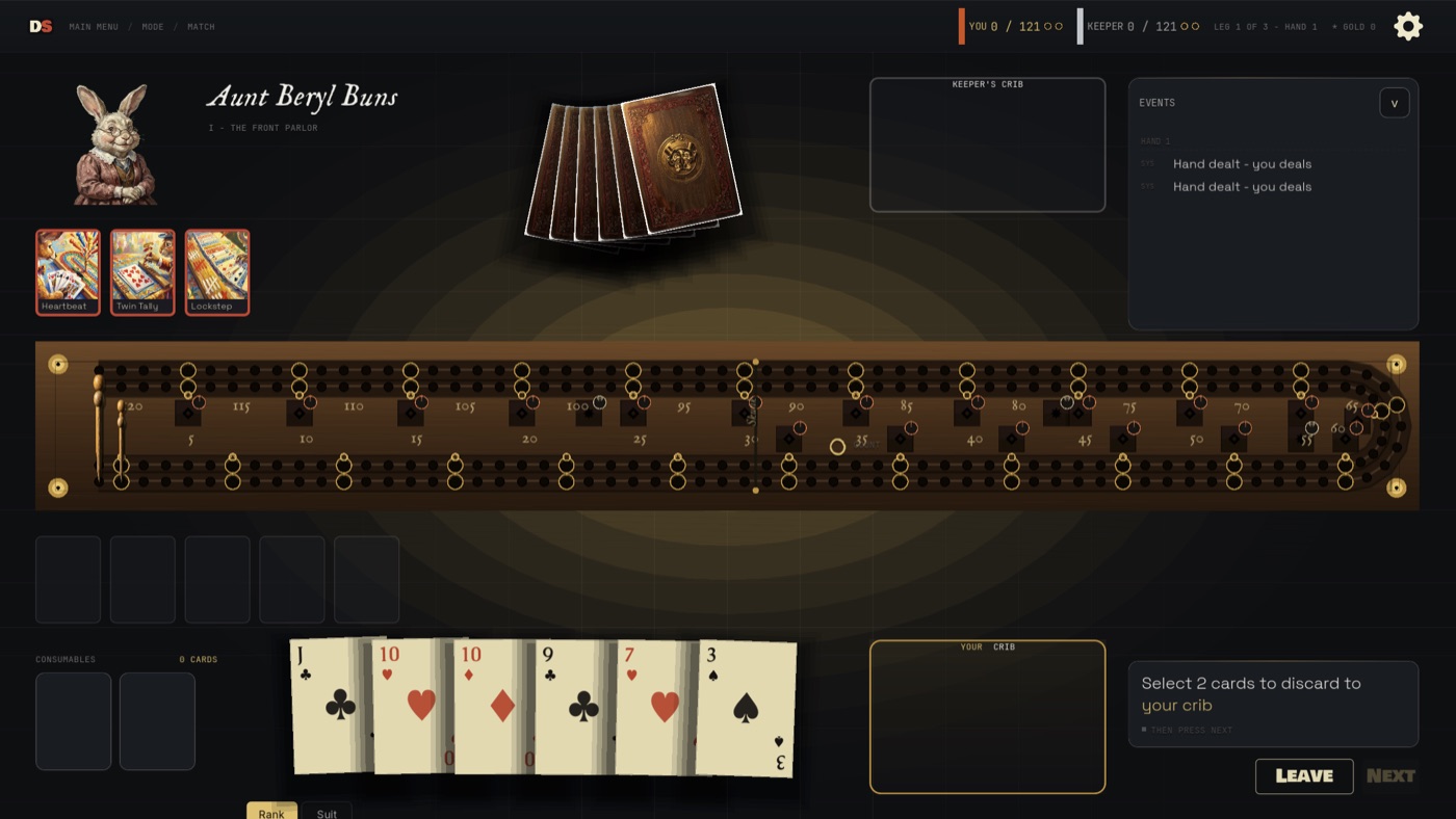 A Double Skunk match in progress against Aunt Beryl Buns, cards in hand and pegs on the board.