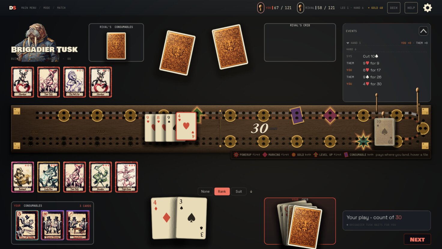 A Double Skunk match against Brigadier Tusk, played cards on the board and the running count at 30.