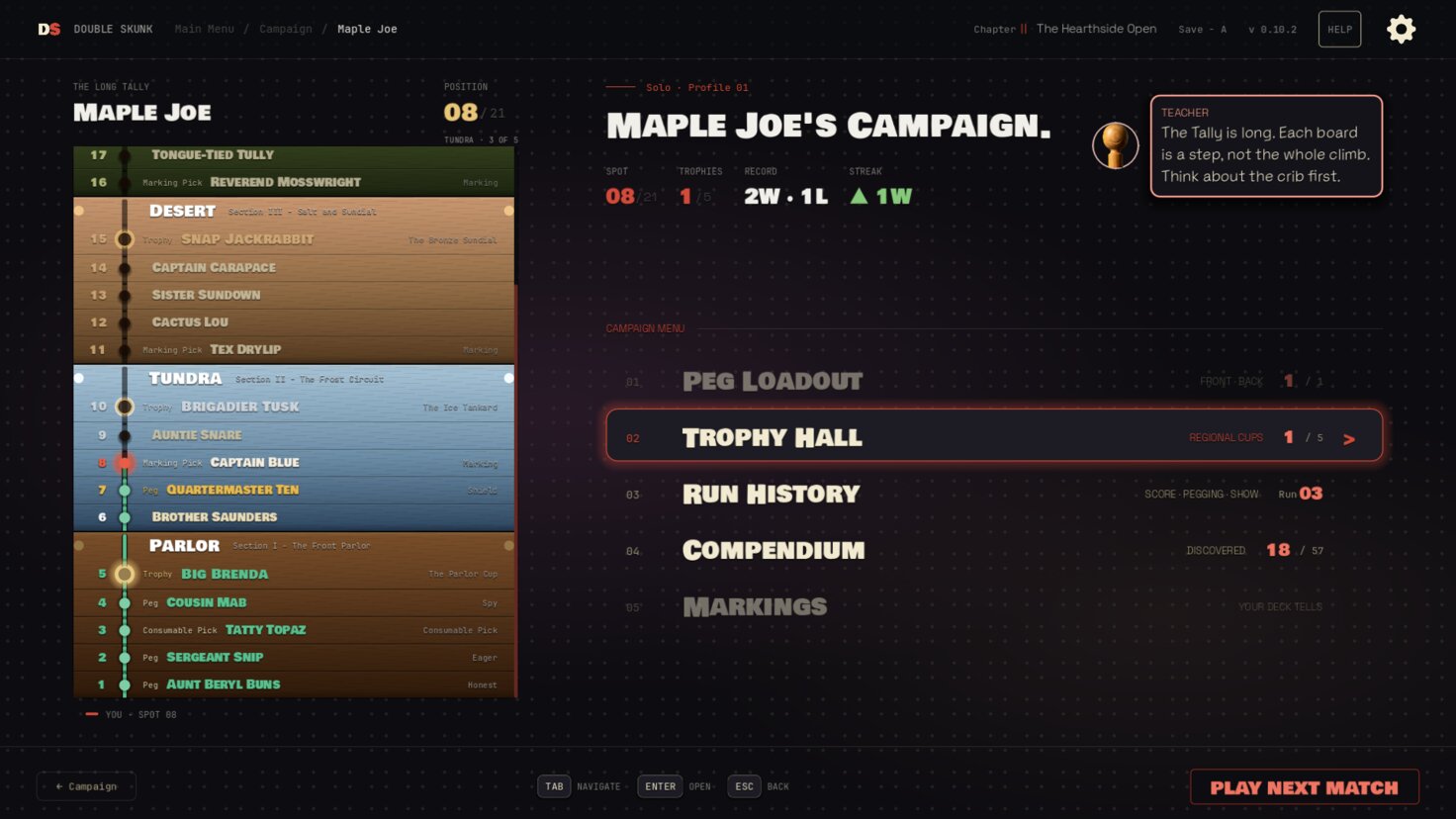 The Long Tally campaign hub, a 21-spot ladder of opponents across the Parlor, Tundra, and Desert.