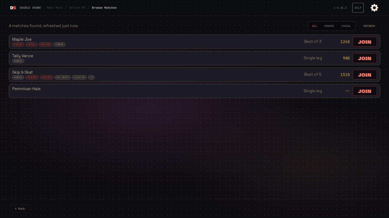 The online match browser listing ranked and casual tables with house rules on each.