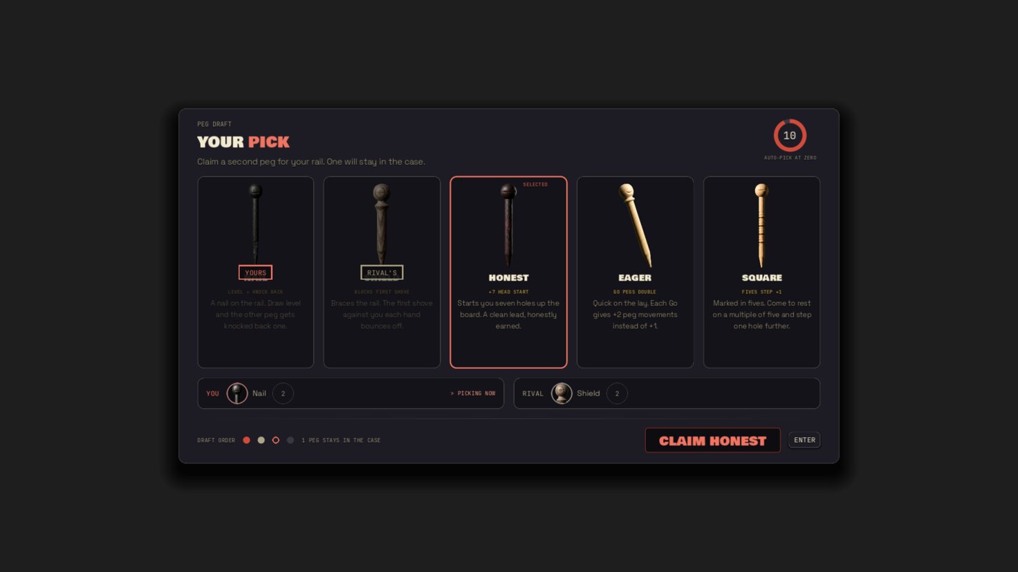The peg draft screen, five carved pegs laid out with the Honest peg selected.