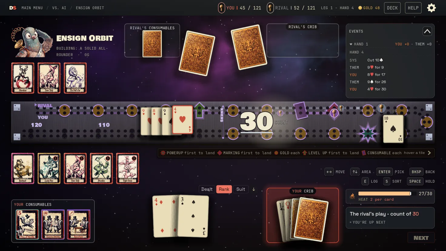 A match in the Beyond, past the top of the Long Tally, on a space board with the heat meter at 27 of 30.