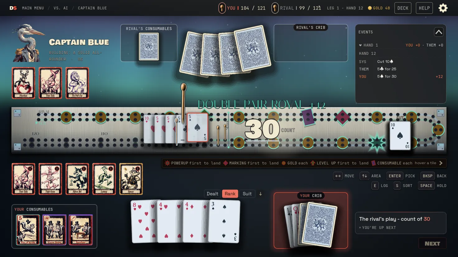 A double pair royal for 12 on the Tundra board, the peg lifted in flight past the rival's with the count at 30.