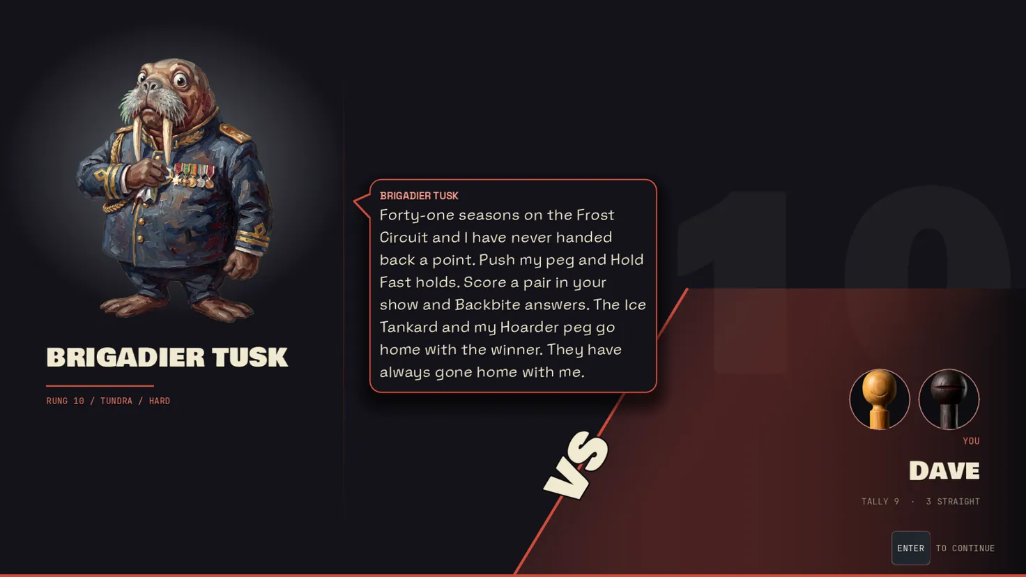 The pre-match fight card: Brigadier Tusk full-length with his greeting, your pegs listed on the left, and VS struck across the middle.