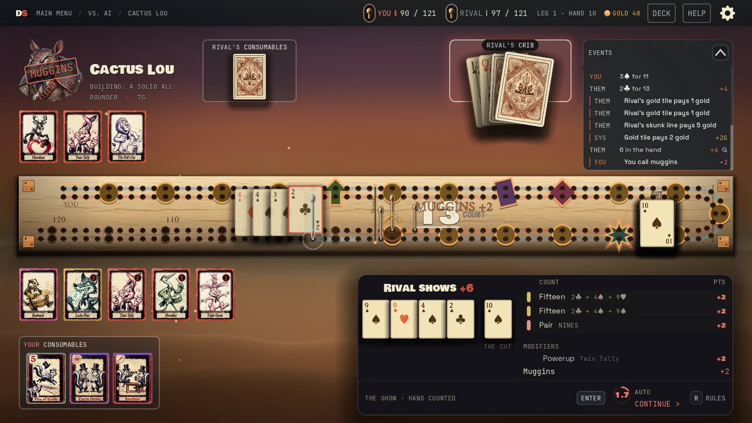 A muggins catch on the Desert board: MUGGINS stamped over Cactus Lou, the hollow ring on the rival's rail, and Muggins +2 in the ledger.