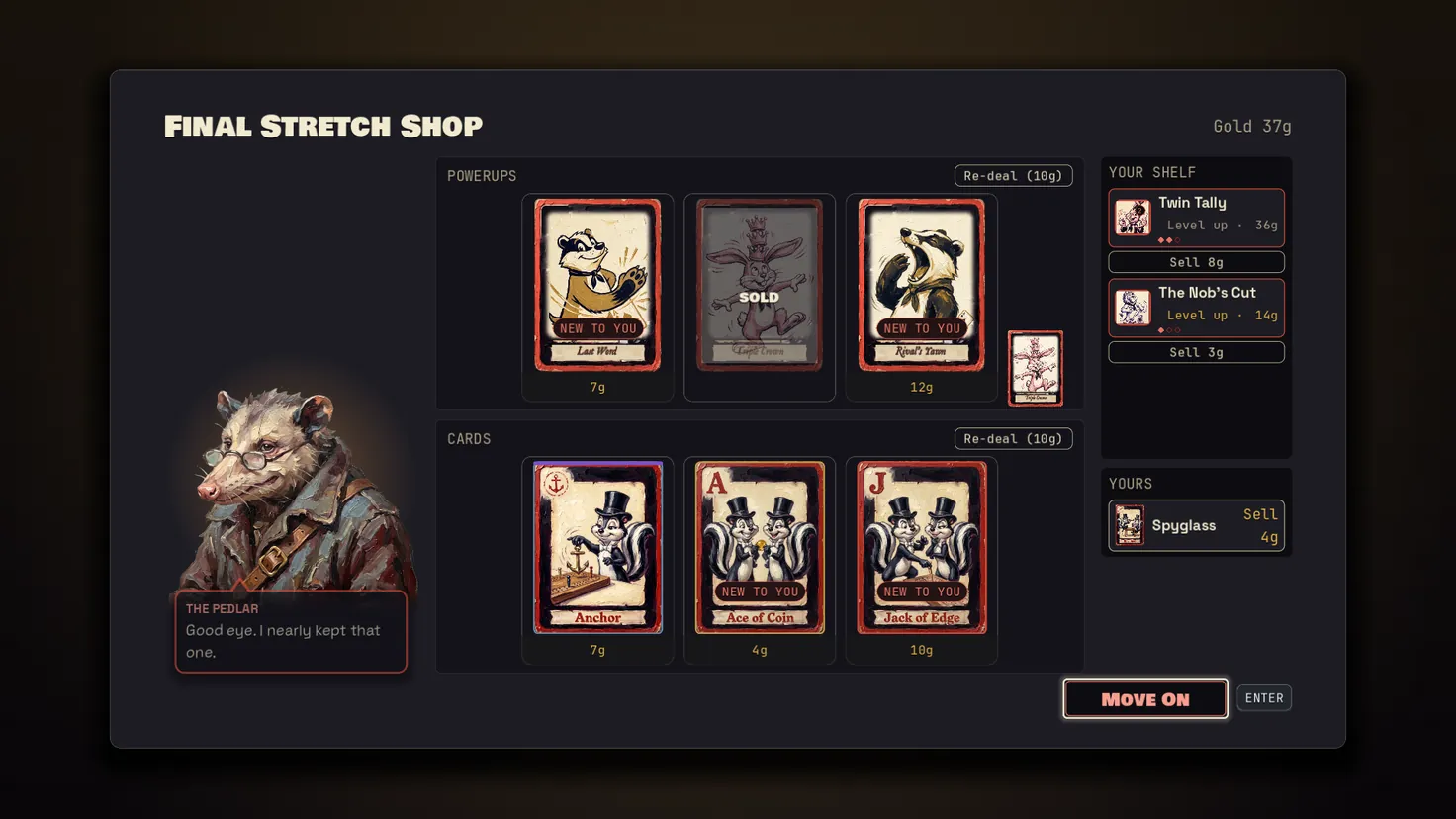 The Pedlar's shop in the final stretch, a bought card flying to the shelf with SOLD on its tile.