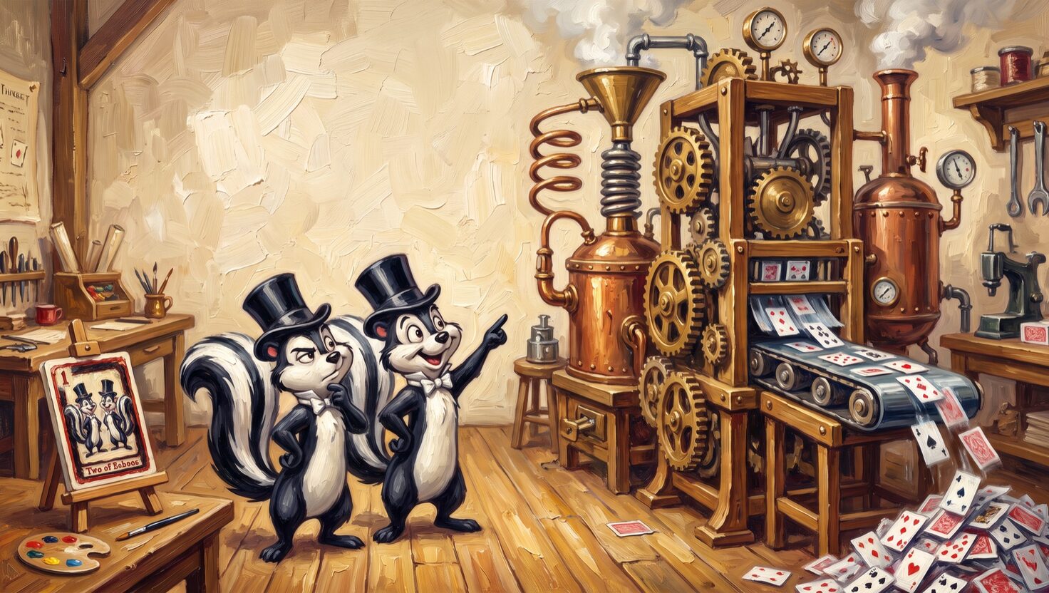 Two top-hatted skunks in a workshop watch a steam-powered brass machine print a stream of playing cards, while a single hand-painted card rests on an easel beside them.