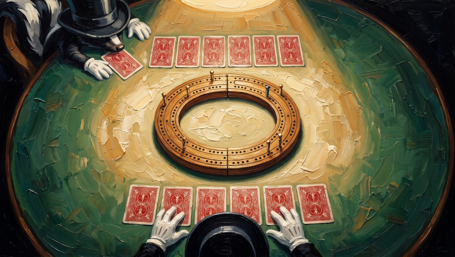 Overhead view of a round card table with a ring shaped cribbage board at its center, brass pegs mid lap. Two identical rows of face-down cards mirror each other on opposite sides of the ring, and two top-hatted skunks reach in from opposite edges of the frame, one sliding a card from his row.