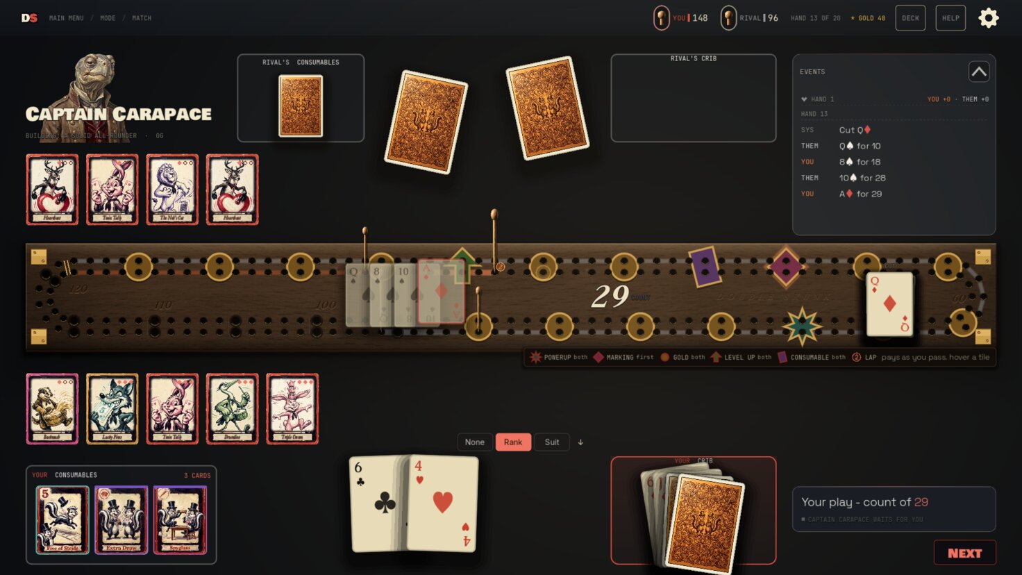 A duplicate cribbage match in Double Skunk. The wooden pegging track runs in a loop with reward tiles on it, the header reads hand 13 of 20 with a tally of 148 to 96, and powerup and consumable cards line both players' sides.