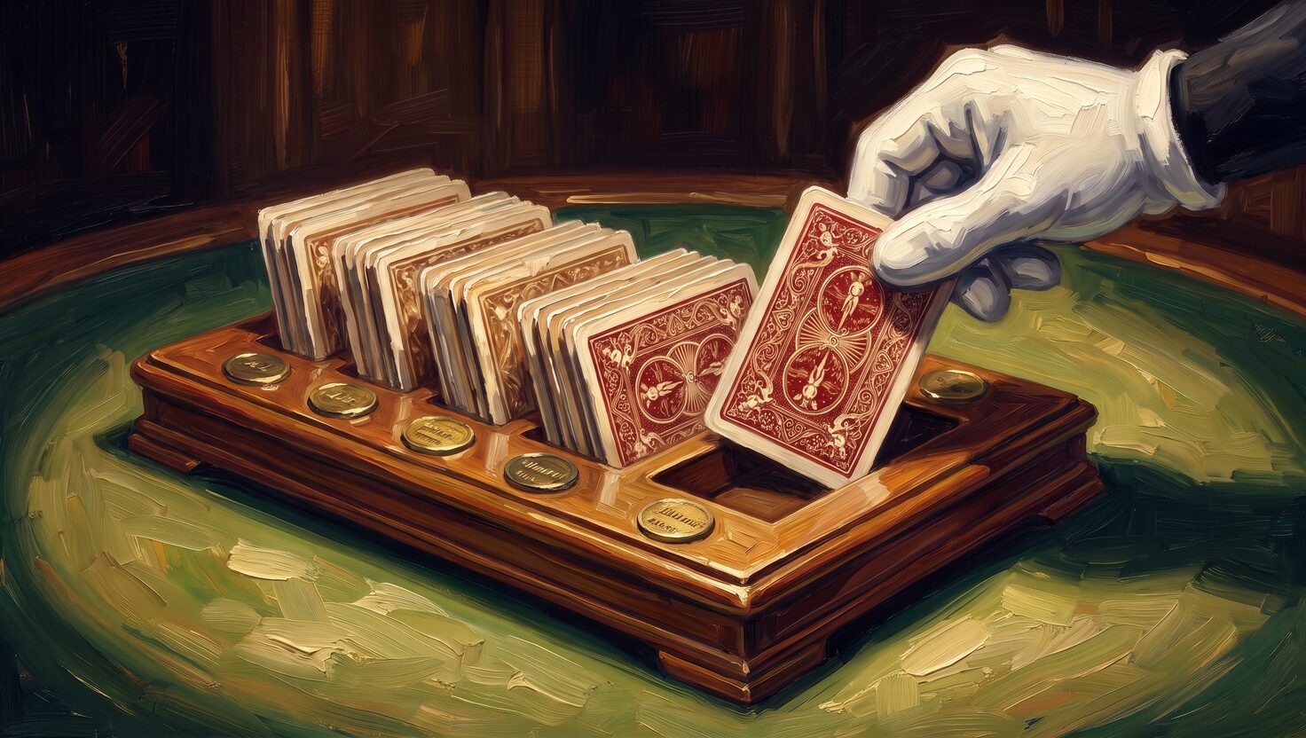Oil painting of an antique walnut tray on green felt, rows of slots holding face-down playing cards, brass medallions along the front, and a white gloved hand lowering one more card into an empty slot.