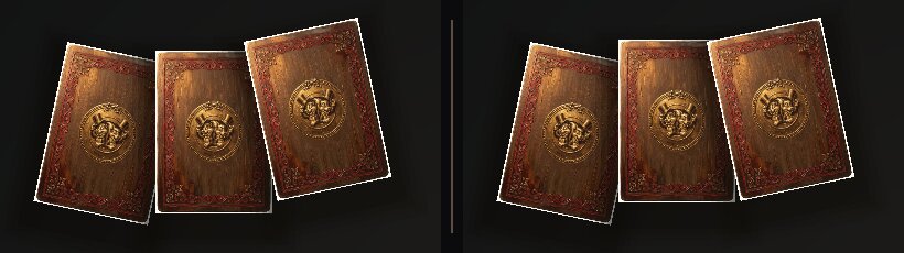 Two views of the same three face-down cards fanned in a rival's hand. On the left all three sit level in the fan. On the right one of them is raised up out of it.