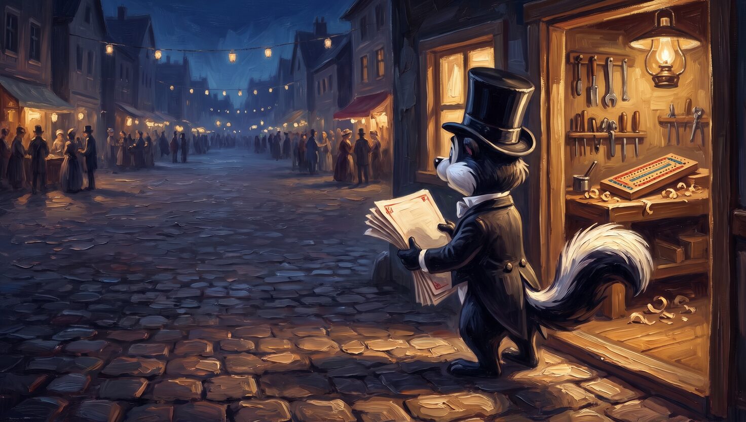 A top-hatted skunk stands in the lit doorway of a warm, cluttered workshop at night, clutching a stack of paper flyers, looking out at a wide dark town square where distant townsfolk gather under strings of lanterns.