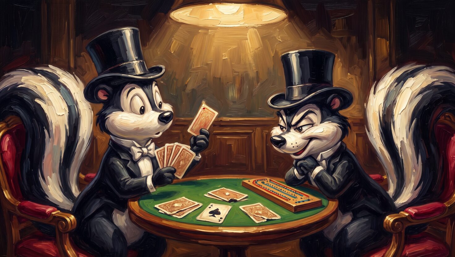 Two top-hatted skunks face each other across a cribbage table, one holding a fanned hand with a single card raised while the other leans in, chin on paws, studying him.