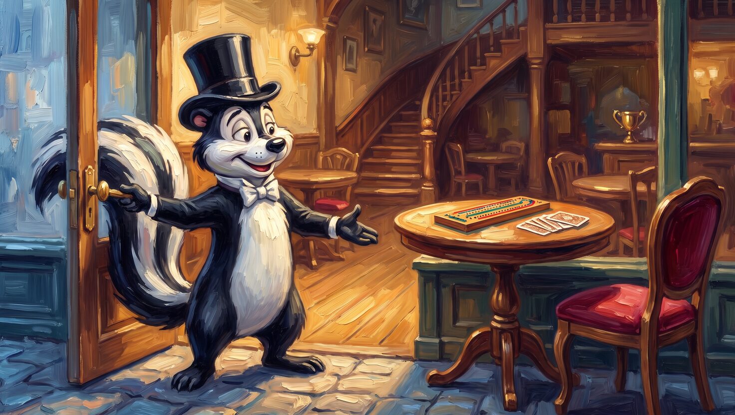 A top-hatted skunk holds open the door of a small card parlor and waves the viewer inside toward a round table set with a cribbage board and a hand of cards, a red velvet chair pulled out and waiting.