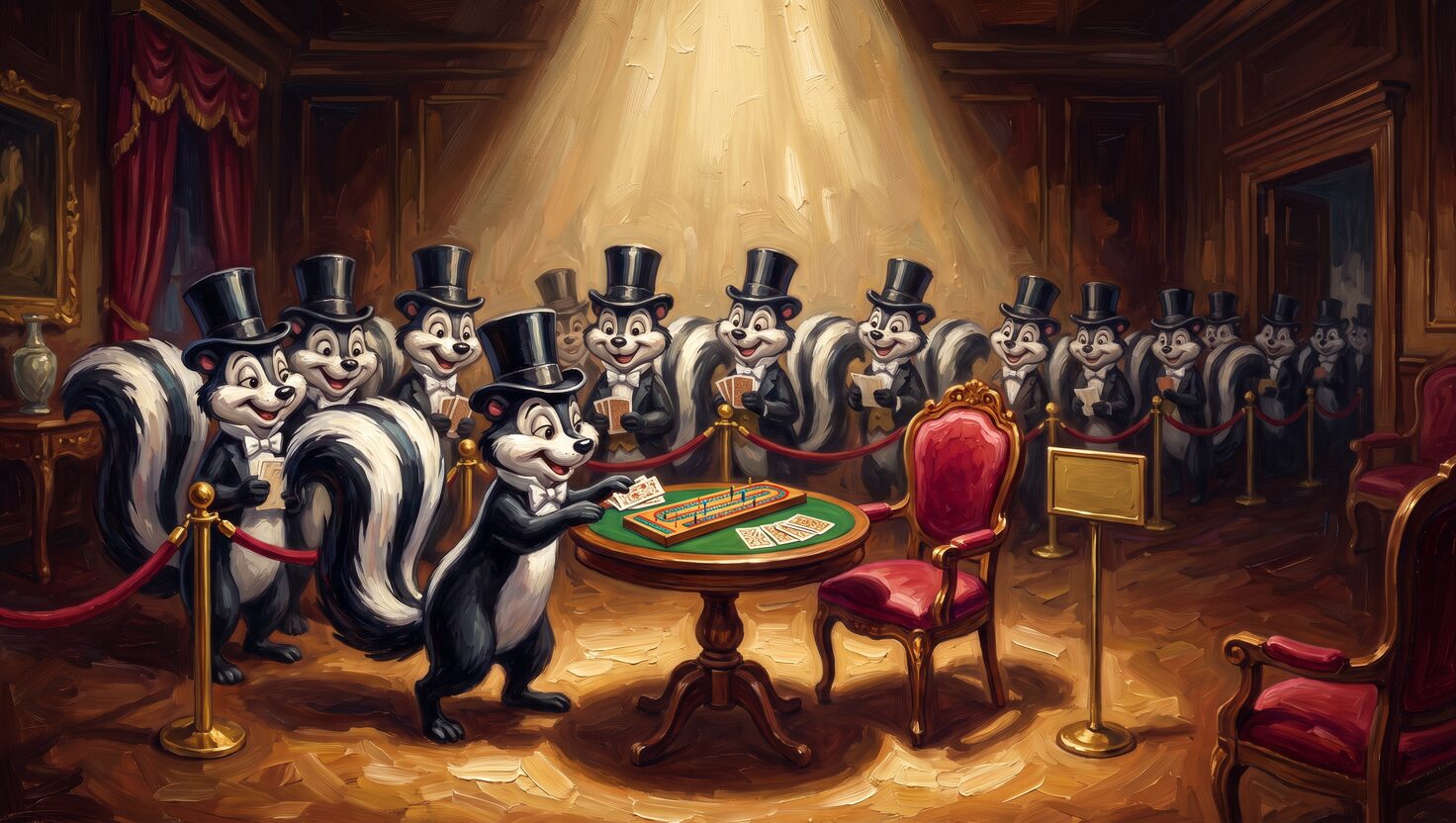 Two top-hatted skunks lean over a single cribbage board under a spotlight, a long line of other skunks waiting their turn to sit in the same seat and play the same hand.