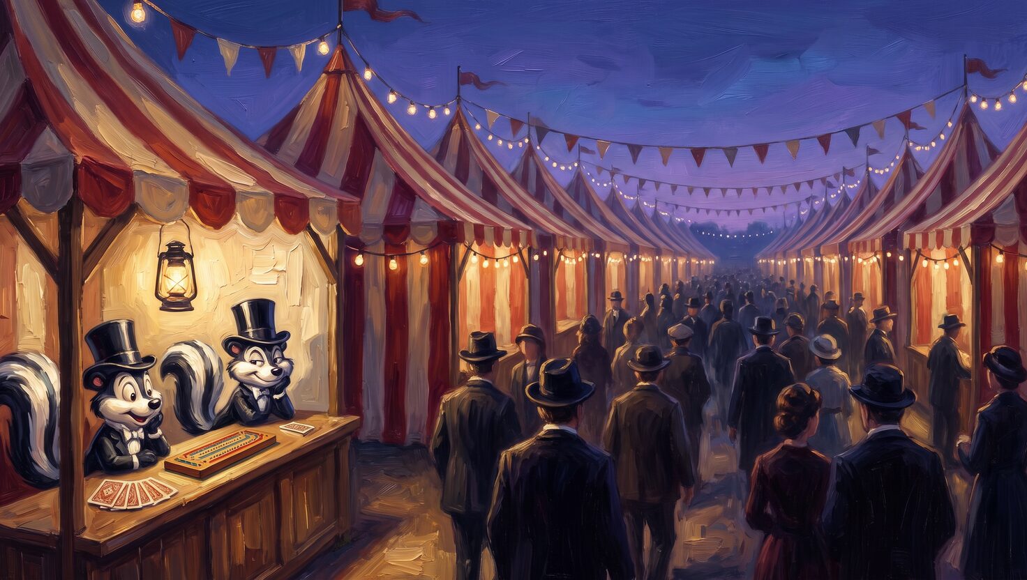 A vast twilight fairground of identical lantern-strung booths running to the horizon, crowds flowing down the midway, and in the foreground one small stall where two top-hatted skunks wait behind a counter holding a single cribbage board and a fanned deck of cards.